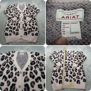Ariat Sweater Women Large Pretty in Pink Leopard Soft Cardigan Button Front READ